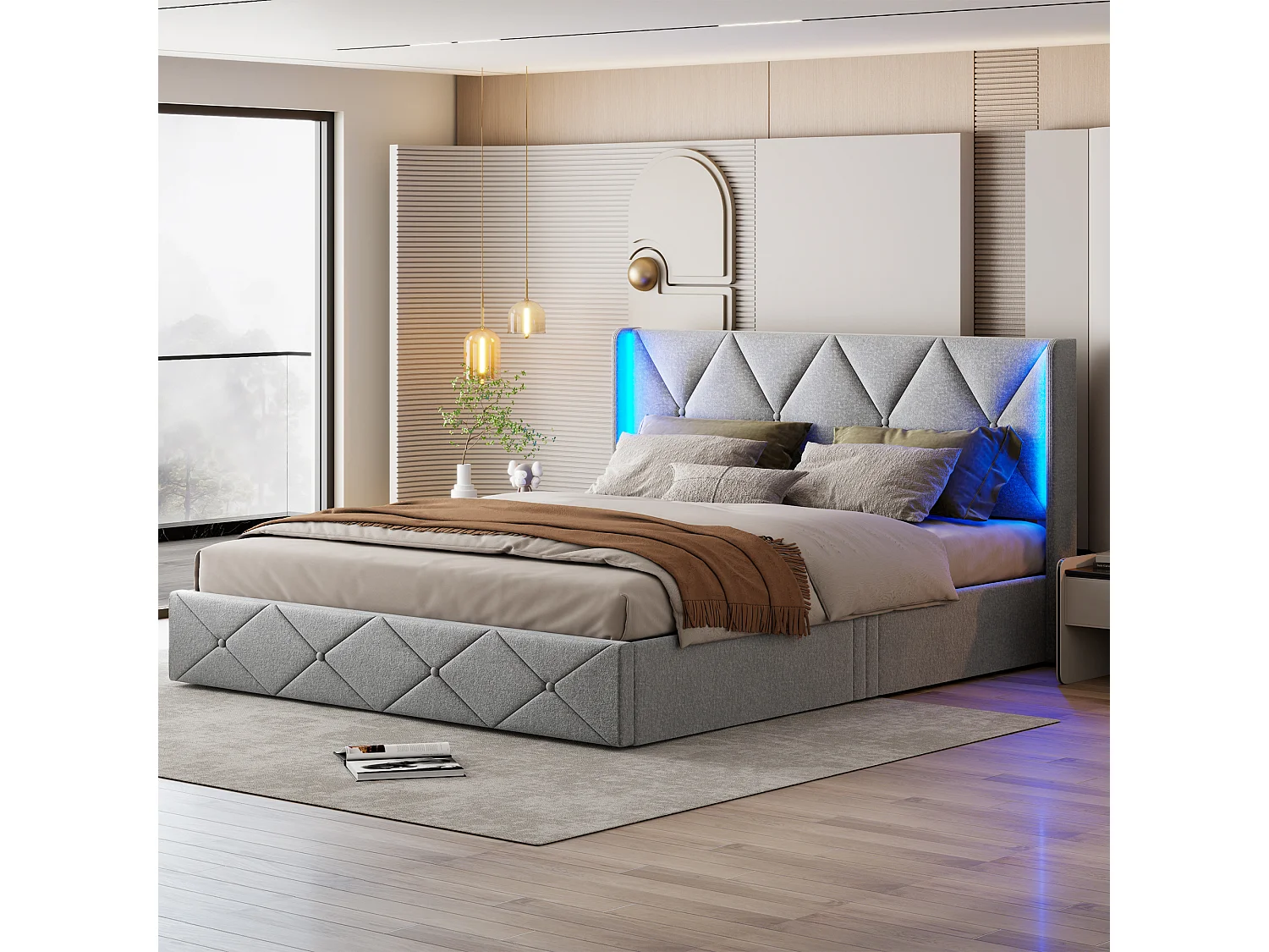 160x200 Opbergbed met LED en hoofdeinde, gestoffeerd bed met lattenbodem, tweepersoonsbed, grijs