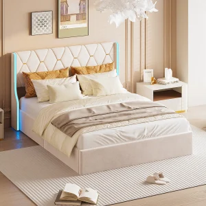 140×200 Opbergbed met LED, Gestoffeerd bed met lattenbodem, Tweepersoonsbed, Beige 140×200 Opbergbed met LED, Gestoffeerd bed met lattenbodem, Tweepersoonsbed, Beige
