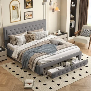 180×200 opbergbed met lades, gestoffeerd bed met lattenbodem, tweepersoonsbed, fluweel, grijs