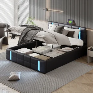 160×200 Opbergbed met USB en Type C, Gestoffeerd bed met lattenbodem, Tweepersoonsbed, Zwart 160×200 Opbergbed met USB en Type C, Gestoffeerd bed met lattenbodem, Tweepersoonsbed, Zwart