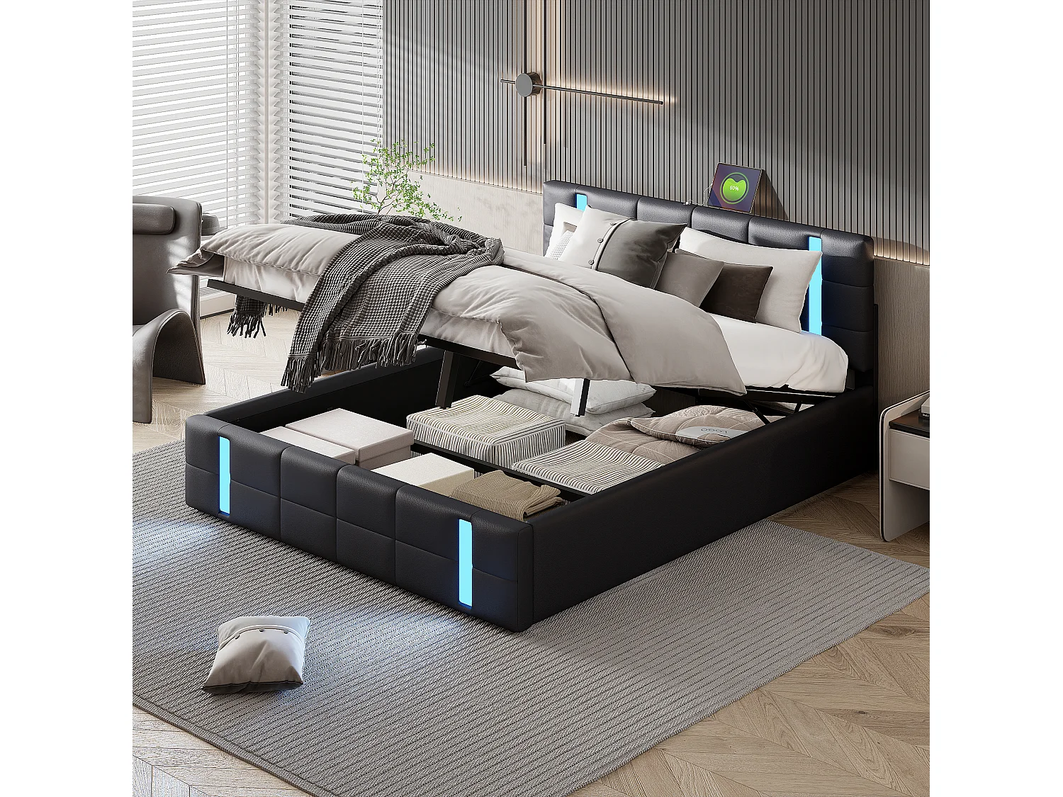 160x200 Opbergbed met USB en Type C, Gestoffeerd bed met lattenbodem, Tweepersoonsbed, Zwart
