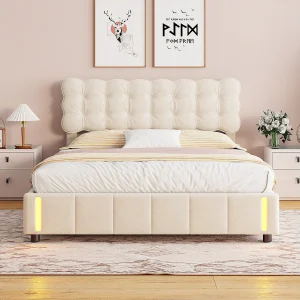 140×200 cm opbergbed met beige fluwelen bekleding, led-lichtbasis, lattenbodem