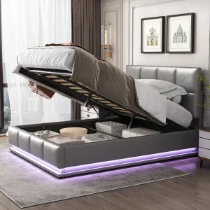 140×200 Opbergbed met LED en hoofdeinde, gestoffeerd bed met lattenbodem, tweepersoonsbed, grijs 140×200 Opbergbed met LED en hoofdeinde, gestoffeerd bed met lattenbodem, tweepersoonsbed, grijs