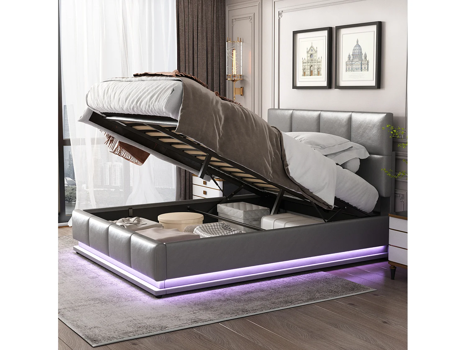 140x200 Opbergbed met LED en hoofdeinde, gestoffeerd bed met lattenbodem, tweepersoonsbed, grijs