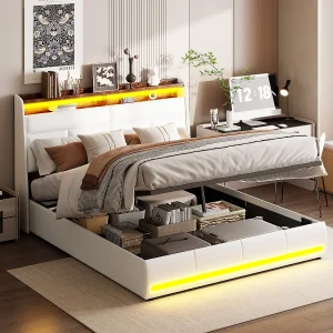 140×200 Opbergbed met basis en USB, LED, Bedframe met opbergruimte en hoofdeinde, Wit