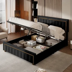 140×200 opbergbed met hoofdeinde, gestoffeerd bed met lattenbodem, tweepersoonsbed, zwart 140×200 opbergbed met hoofdeinde, gestoffeerd bed met lattenbodem, tweepersoonsbed, zwart