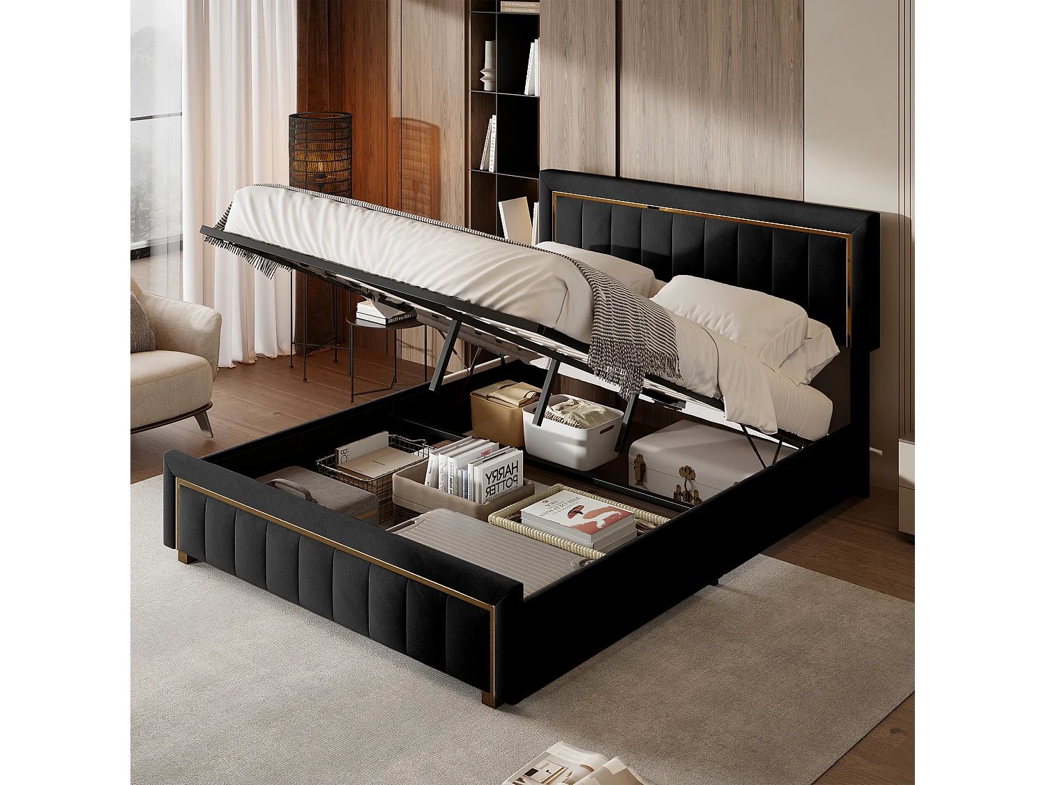 140x200 opbergbed met hoofdeinde, gestoffeerd bed met lattenbodem, tweepersoonsbed, zwart