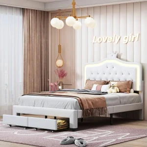 140×200 Opbergbed met Laden en LED, Gestoffeerd Bed met Lattenbodem, Tweepersoonsbed, Wit 140×200 Opbergbed met Laden en LED, Gestoffeerd Bed met Lattenbodem, Tweepersoonsbed, Wit