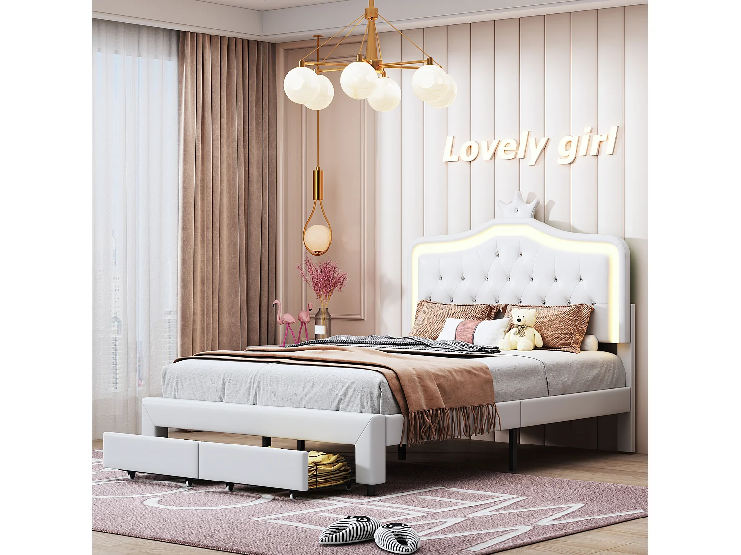140x200 Opbergbed met Laden en LED, Gestoffeerd Bed met Lattenbodem, Tweepersoonsbed, Wit