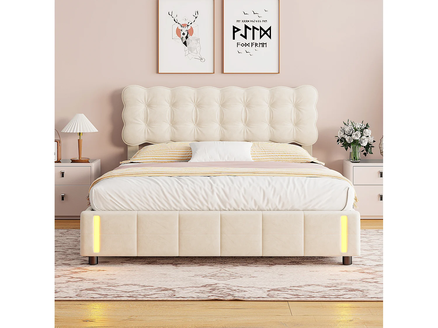 160x200 cm opbergbed met beige fluwelen bekleding, LED-lichtbasis, lattenbodem