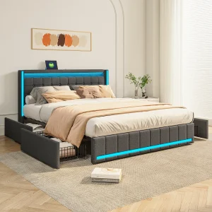 160×200 Opbergbed met LED en USB, Gestoffeerd bed met lattenbodem en 4 lades, Tweepersoonsbed