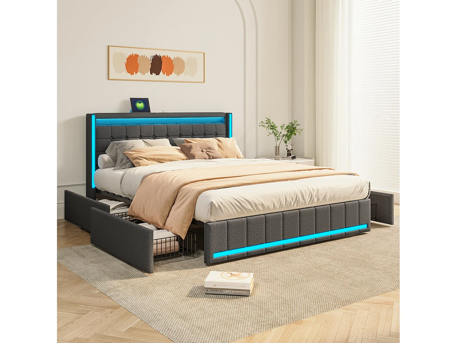 160x200 Opbergbed met LED en USB, Gestoffeerd bed met lattenbodem en 4 lades, Tweepersoonsbed