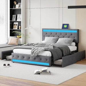180×200 Opbergbed met USB en LED, Gestoffeerd bed met 4 grote lades, Tweepersoonsbed, Grijs