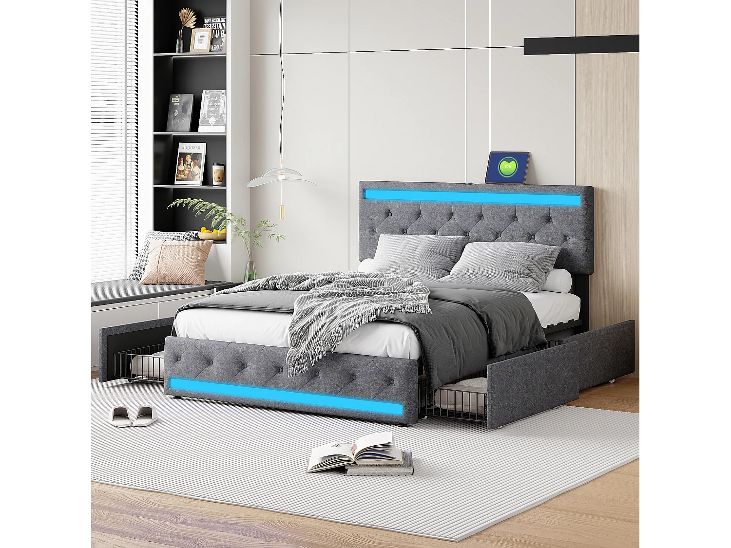 180x200 Opbergbed met USB en LED, Gestoffeerd bed met 4 grote lades, Tweepersoonsbed, Grijs