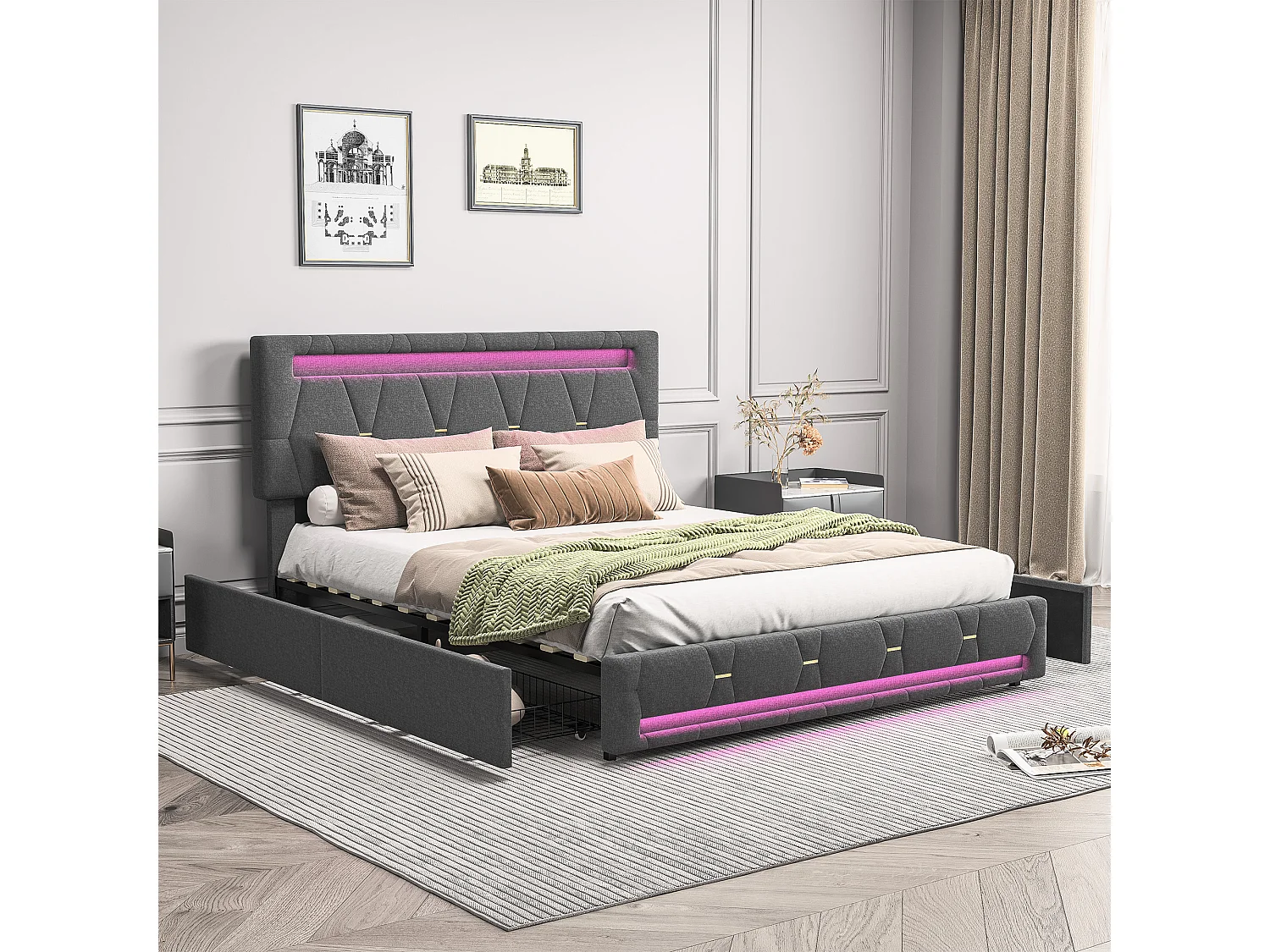 140x200 Opbergbed met USB en 4 lades, Gestoffeerd bed met lattenbodem, Tweepersoonsbed, Grijs
