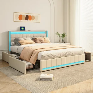160×200 Opbergbed met LED en USB, Gestoffeerd bed met lattenbodem en 4 lades, Tweepersoonsbed