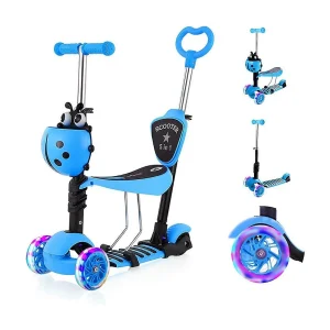 5-in-1 Kinderstep met Afneembare Cartoon Mand, Zitje, Duwstang, LED-wielen, Comfortabele Rugleuning, Hoogteverstelbaar vanaf 2 Jaar, blauw 5-in-1 Kinderstep met Afneembare Cartoon Mand, Zitje, Duwstang, LED-wielen, Comfortabele Rugleuning, Hoogteverstelbaar vanaf 2 Jaar, blauw