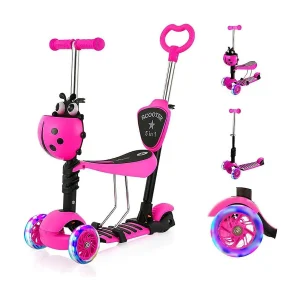 5-in-1 Kinderstep met Afneembare Cartoon Mand, Zitje, Duwstang, LED-wielen, Comfortabele Rugleuning, Hoogteverstelbaar vanaf 2 Jaar, roze 5-in-1 Kinderstep met Afneembare Cartoon Mand, Zitje, Duwstang, LED-wielen, Comfortabele Rugleuning, Hoogteverstelbaar vanaf 2 Jaar, roze