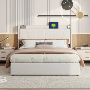 160×200 Opbergbed met USB en Type C, Gestoffeerd bed met lattenbodem, Tweepersoonsbed, Beige 160×200 Opbergbed met USB en Type C, Gestoffeerd bed met lattenbodem, Tweepersoonsbed, Beige