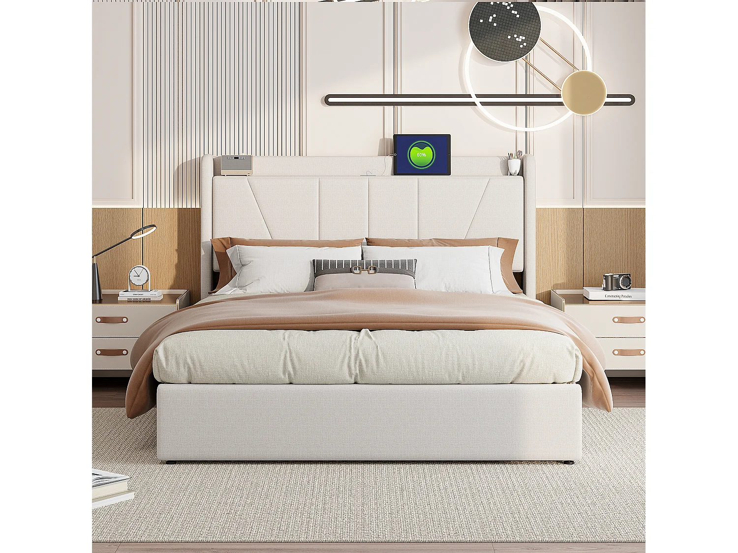 160x200 Opbergbed met USB en Type C, Gestoffeerd bed met lattenbodem, Tweepersoonsbed, Beige