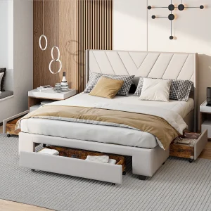 160×200 Opbergbed met 3 lades, gestoffeerd bed met lattenbodem, tweepersoonsbed, beige 160×200 Opbergbed met 3 lades, gestoffeerd bed met lattenbodem, tweepersoonsbed, beige