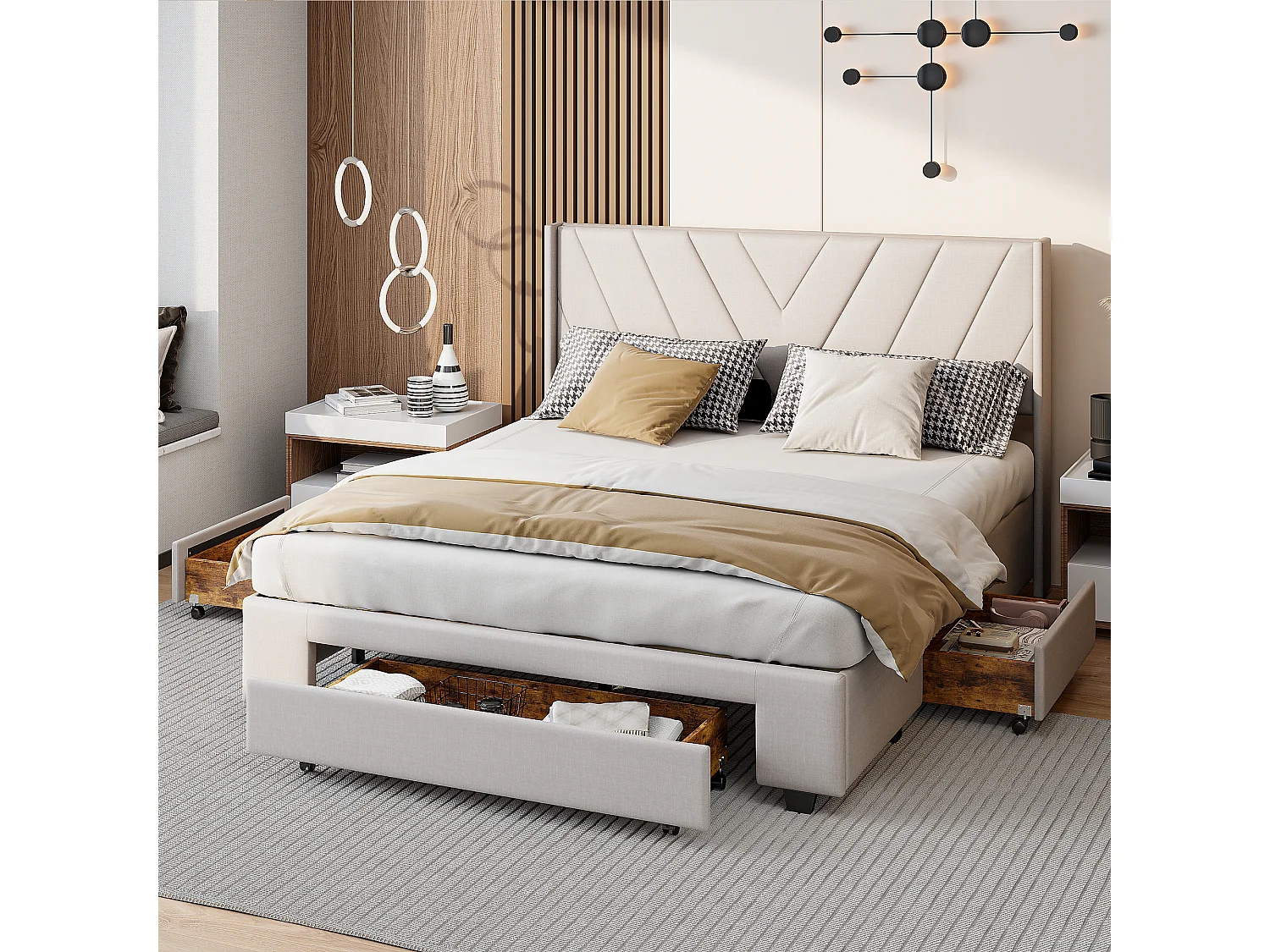 160x200 Opbergbed met 3 lades, gestoffeerd bed met lattenbodem, tweepersoonsbed, beige