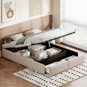 140×200 Opbergbed met 2 lades, platformbed zonder hoofdeinde, tweepersoonsbed, beige