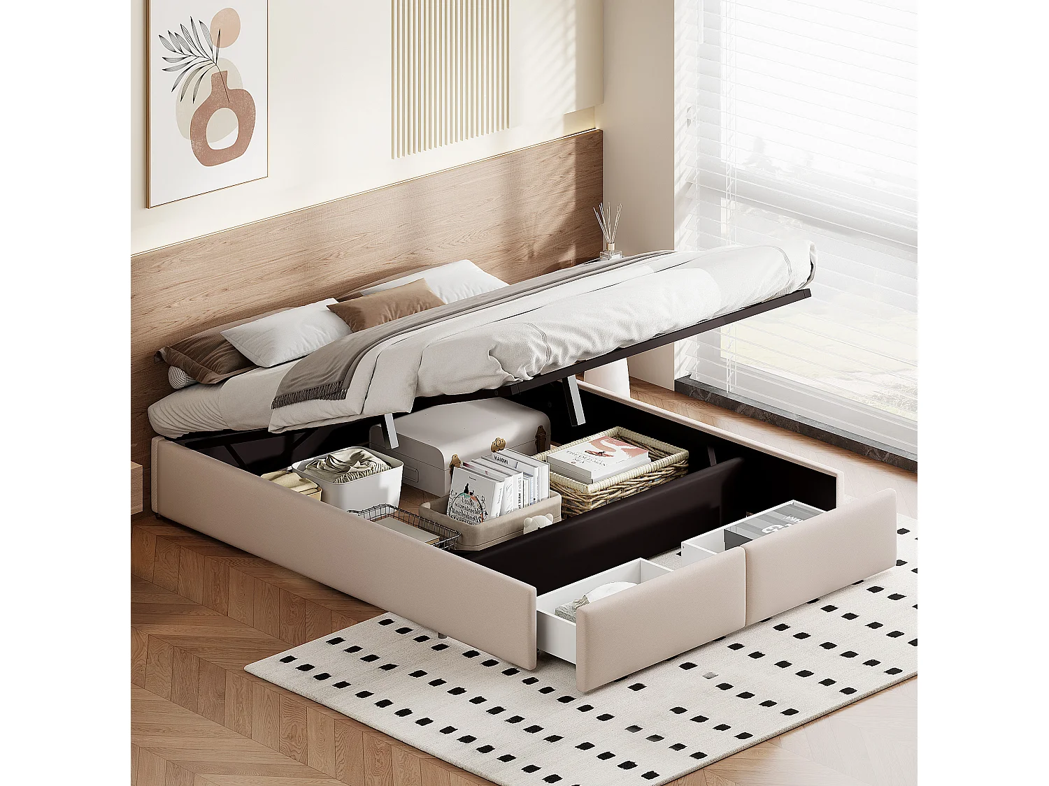 140×200 Opbergbed met 2 lades, platformbed zonder hoofdeinde, tweepersoonsbed, beige