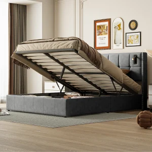 140×200 cm opbergbed met basis, gestoffeerd bed met USB- en Type-C-poort, LED, fluweel, grijs