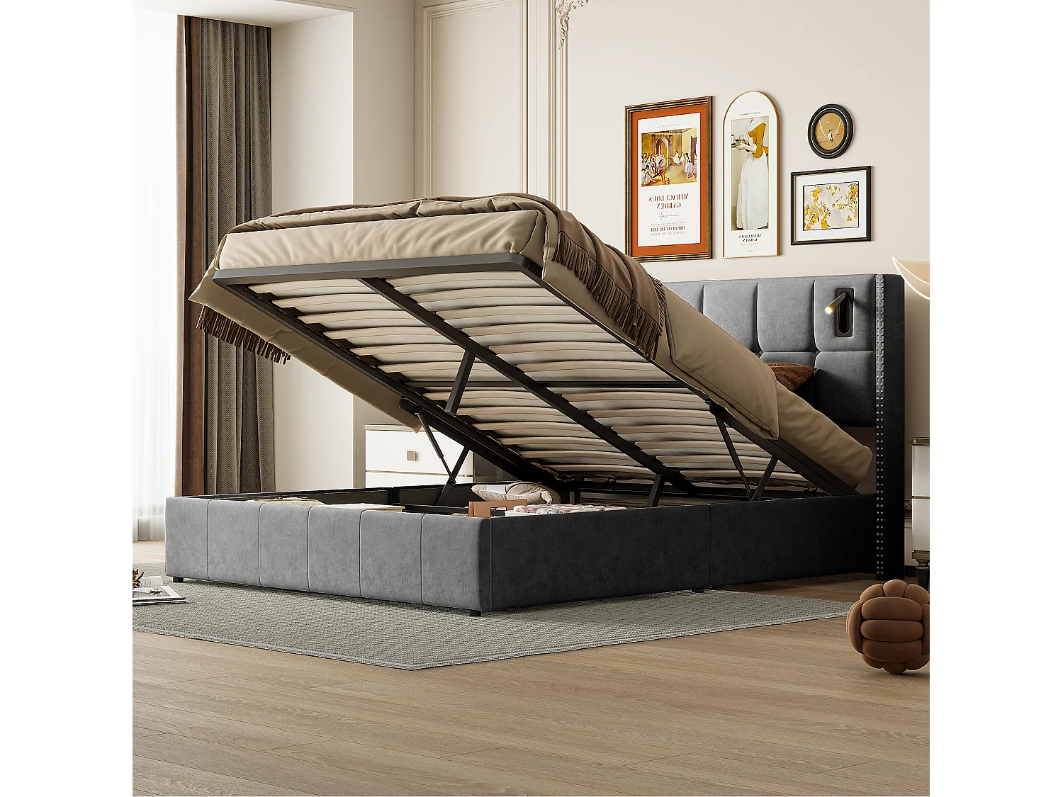 140x200 cm opbergbed met basis, gestoffeerd bed met USB- en Type-C-poort, LED, fluweel, grijs