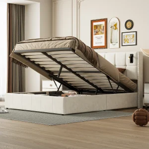 140×200 cm opbergbed met bedbodem, gestoffeerd bed met USB- en Type-C-poort, LED, fluweel, beige