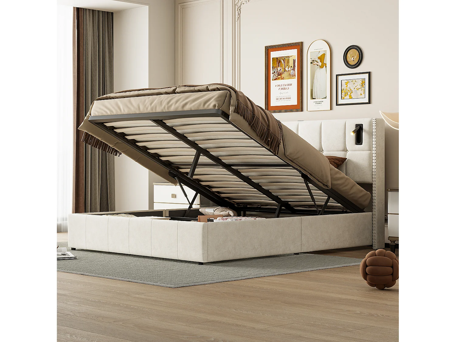 140x200 cm opbergbed met bedbodem, gestoffeerd bed met USB- en Type-C-poort, LED, fluweel, beige