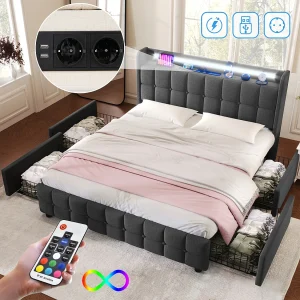 160×200 Opbergbed met LED en USB, Gestoffeerd bed met 4 lades, Tweepersoonsbed, Grijs