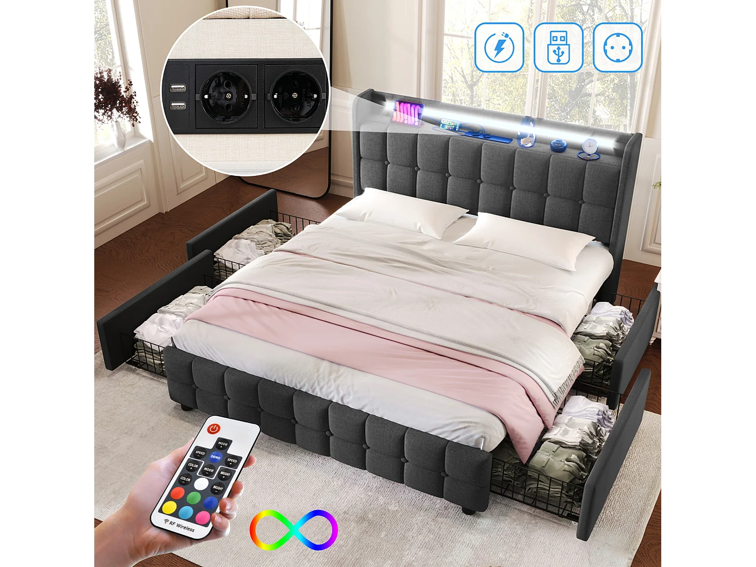 160x200 Opbergbed met LED en USB, Gestoffeerd bed met 4 lades, Tweepersoonsbed, Grijs