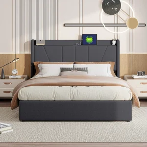 140×200 Opbergbed met USB en Type C, Gestoffeerd bed met lattenbodem, Tweepersoonsbed, Grijs 140×200 Opbergbed met USB en Type C, Gestoffeerd bed met lattenbodem, Tweepersoonsbed, Grijs