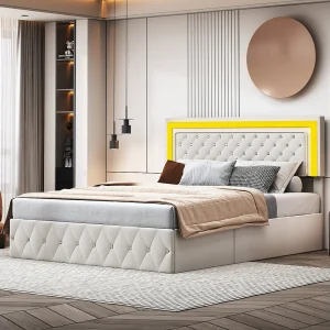 160×200 cm fluwelen opbergbed – met LED en lattenbodem – tweepersoonsbed met opbergruimte – beige