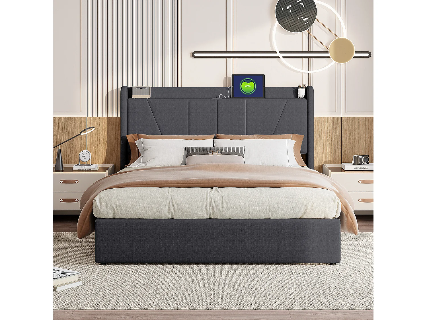 160x200 Opbergbed met USB en Type C, Gestoffeerd bed met lattenbodem, Tweepersoonsbed, Grijs