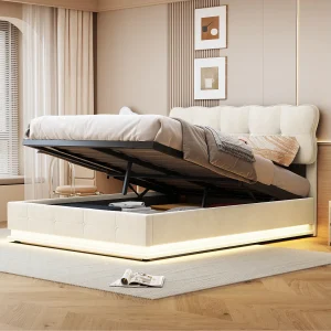 160×200 Opbergbed met LED-verlichting, gestoffeerd bed met lattenbodem, fluweel, beige