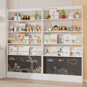 2-delige kinderopbergplank – 200 x 10 x 180 cm – 4-laags + overschilderbaar schoolbord – MDF + metaal – wit