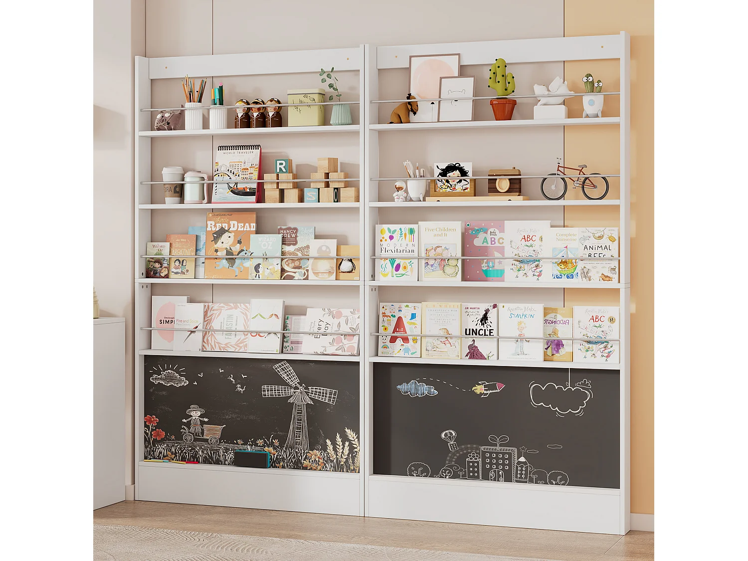 2-delige kinderopbergplank - 200 x 10 x 180 cm - 4-laags + overschilderbaar schoolbord - MDF + metaal - wit