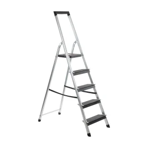 Aluminium trapladder met 5 treden, brede treden (12 cm), werkhoogte 3 m Aluminium trapladder met 5 treden, brede treden (12 cm), werkhoogte 3 m