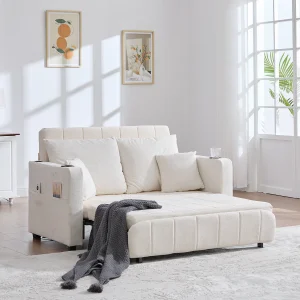 2-zitsbank met 4 kussens – Relaxbank met bekerhouder en zijzakken – beige chenille 2-zitsbank met 4 kussens – Relaxbank met bekerhouder en zijzakken – beige chenille