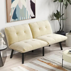 2-zitsbank – Rechte bank met opklapbare rugleuning en metalen poten – beige fluweel