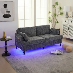 2-zitsbank met LED-verlichting en USB-poort, houten poten – grijze chenillestof 2-zitsbank met LED-verlichting en USB-poort, houten poten – grijze chenillestof