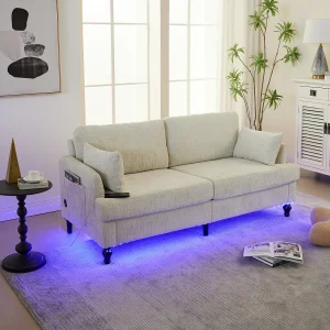 2-zitsbank met LED-verlichting en USB-poort, houten poten – beige chenillestof