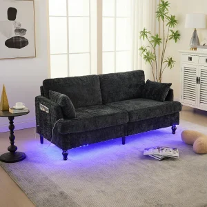 2-zitsbank met LED-verlichting en USB-poort, houten poten – zwarte chenillestof 2-zitsbank met LED-verlichting en USB-poort, houten poten – zwarte chenillestof