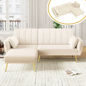 3-zitsbank met zijvakken en verstelbare rugleuning, gouden poten – beige fluweel