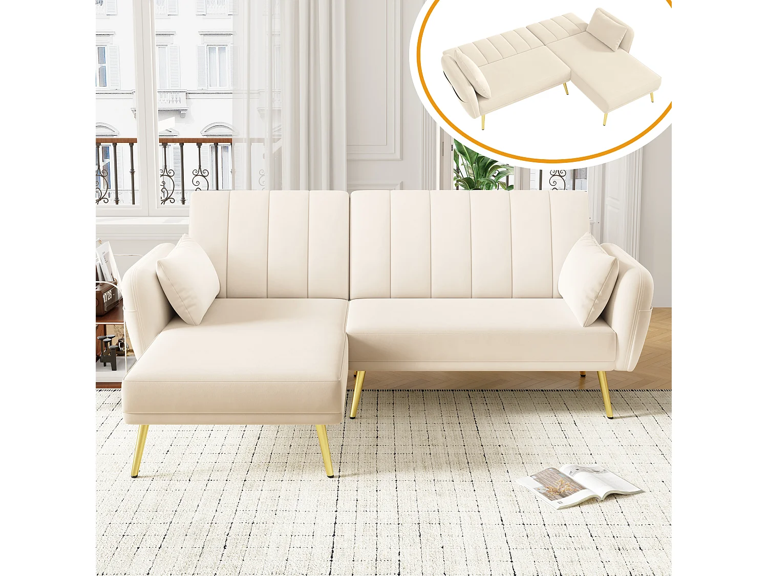 3-zitsbank met zijvakken en verstelbare rugleuning, gouden poten - beige fluweel