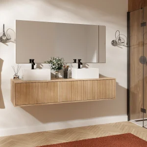 Hangend wastafelmeubel met reliëf – Licht naturel – 150 cm – ARNEGA