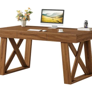 140 cm breed directiebureau met lade, retro bruin computerbureau